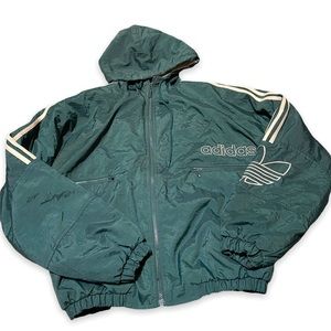 Adidas Vintage Mens Small 90s Puffer Jacket Hood Full Zip Coat 3 Stripe Trefoil